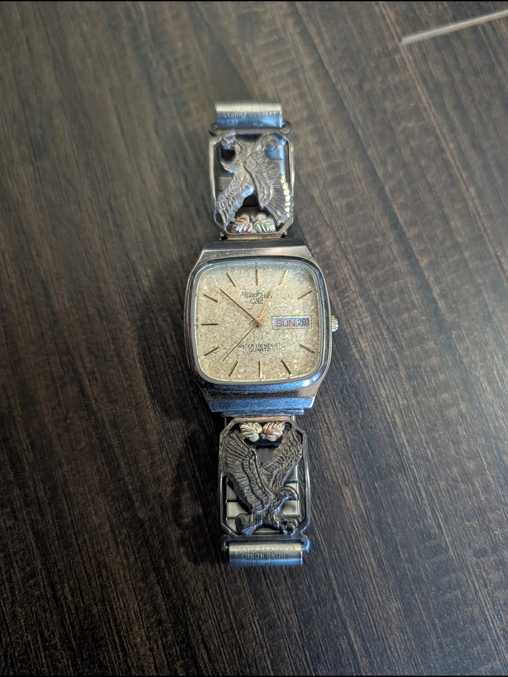 BLACK HILLS GOLD 12k & Sterling Mother Of Pearl Day Date Eagle Band Watch VTG